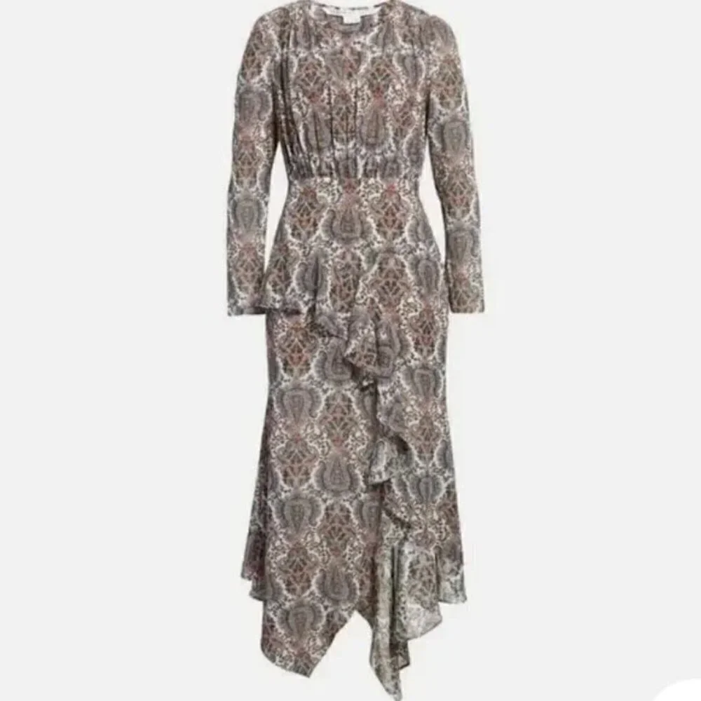 VERONICA BEARD Sazan LS Handkerchief Hem Paisley Dress In Ecru Multi- Size 2 - Picture 3 of 8